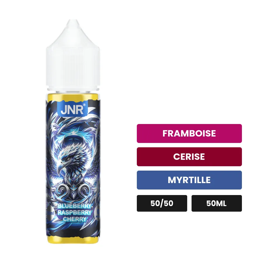 E-liquide Blueberry Raspberry Cherry de Jnr, 50 ml, saveurs framboise, cerise et myrtille.