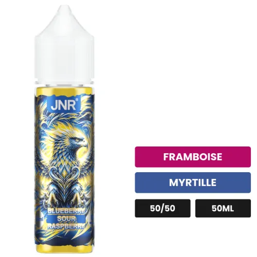 E-liquide Blueberry Sour Raspberry de Jnr, 50 ml, saveurs framboise et myrtille.