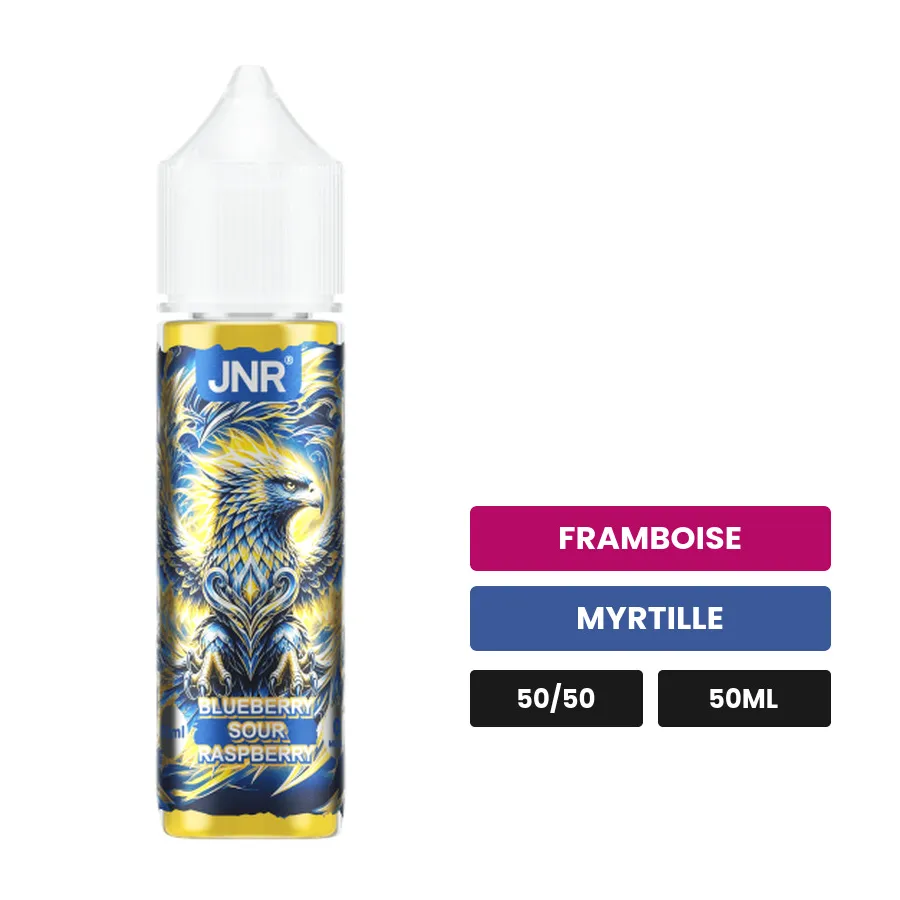 E-liquide Blueberry Sour Raspberry de Jnr, 50 ml, saveurs framboise et myrtille.