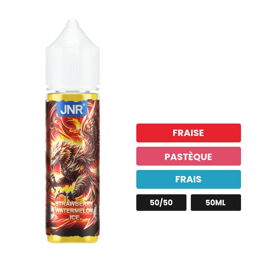 E-liquide Strawberry Watermelon Ice de Jnr, 50 ml, saveurs fraise, pastèque et frais.