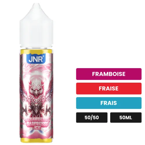 E-liquide Strawberry Raspberry Ice de Jnr, 50 ml, saveurs framboise, fraise et frais.