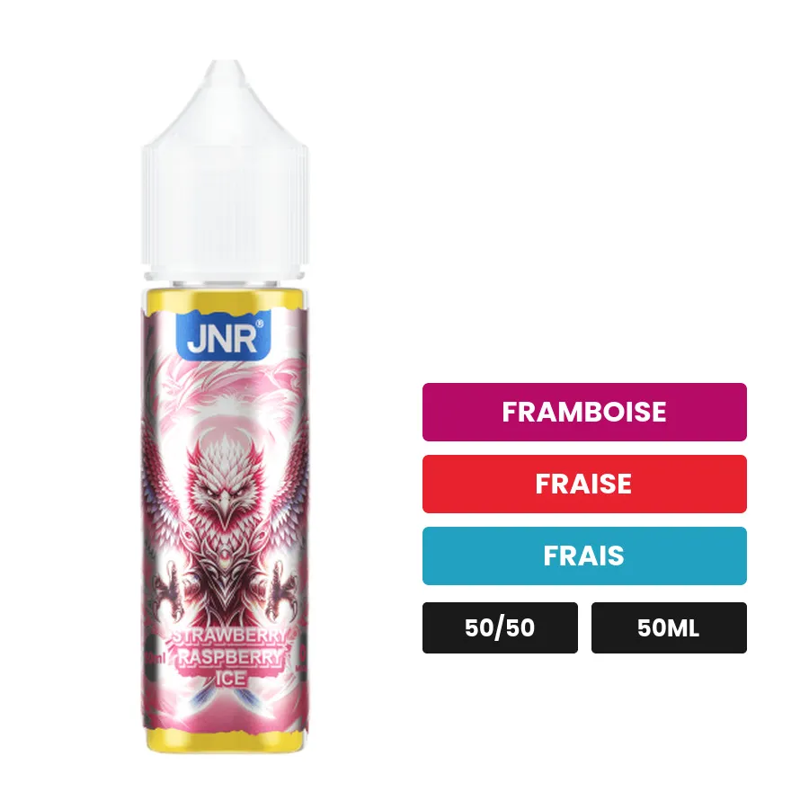 E-liquide Strawberry Raspberry Ice de Jnr, 50 ml, saveurs framboise, fraise et frais.
