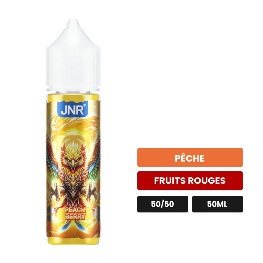 E-liquide Peach Berry de Jnr, 50 ml, saveurs pêche et fruits rouges.