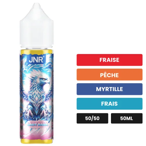 E-liquide Lady Killa de Jnr, 50 ml, saveurs fraise, pêche, myrtille et 1 autre.