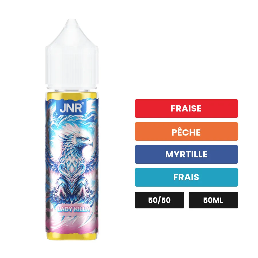 E-liquide Lady Killa de Jnr, 50 ml, saveurs fraise, pêche, myrtille et 1 autre.