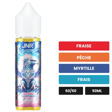 E-liquide Lady Killa de Jnr, 50 ml, saveurs fraise, pêche, myrtille et 1 autre.