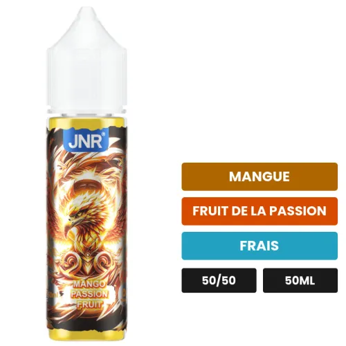 E-liquide Mango Passion Fruit de Jnr, 50 ml, saveurs mangue, fruit de la passion et frais.