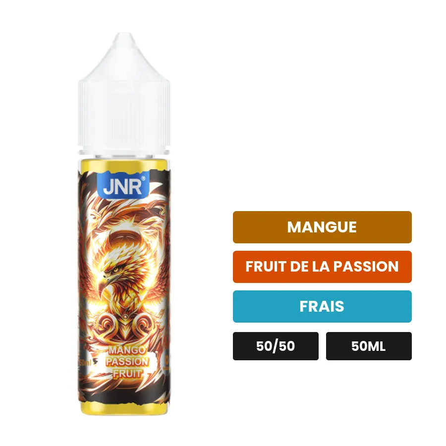 E-liquide Mango Passion Fruit de Jnr, 50 ml, saveurs mangue, fruit de la passion et frais.