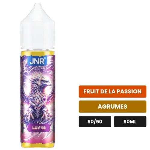 E-liquide Luv66 de Jnr, 50 ml, saveurs fruit de la passion et agrumes.