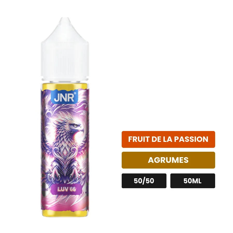 E-liquide Luv66 de Jnr, 50 ml, saveurs fruit de la passion et agrumes.