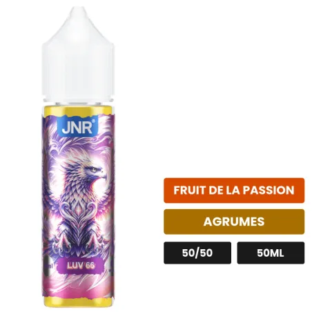 E-liquide Luv66 de Jnr, 50 ml, saveurs fruit de la passion et agrumes.