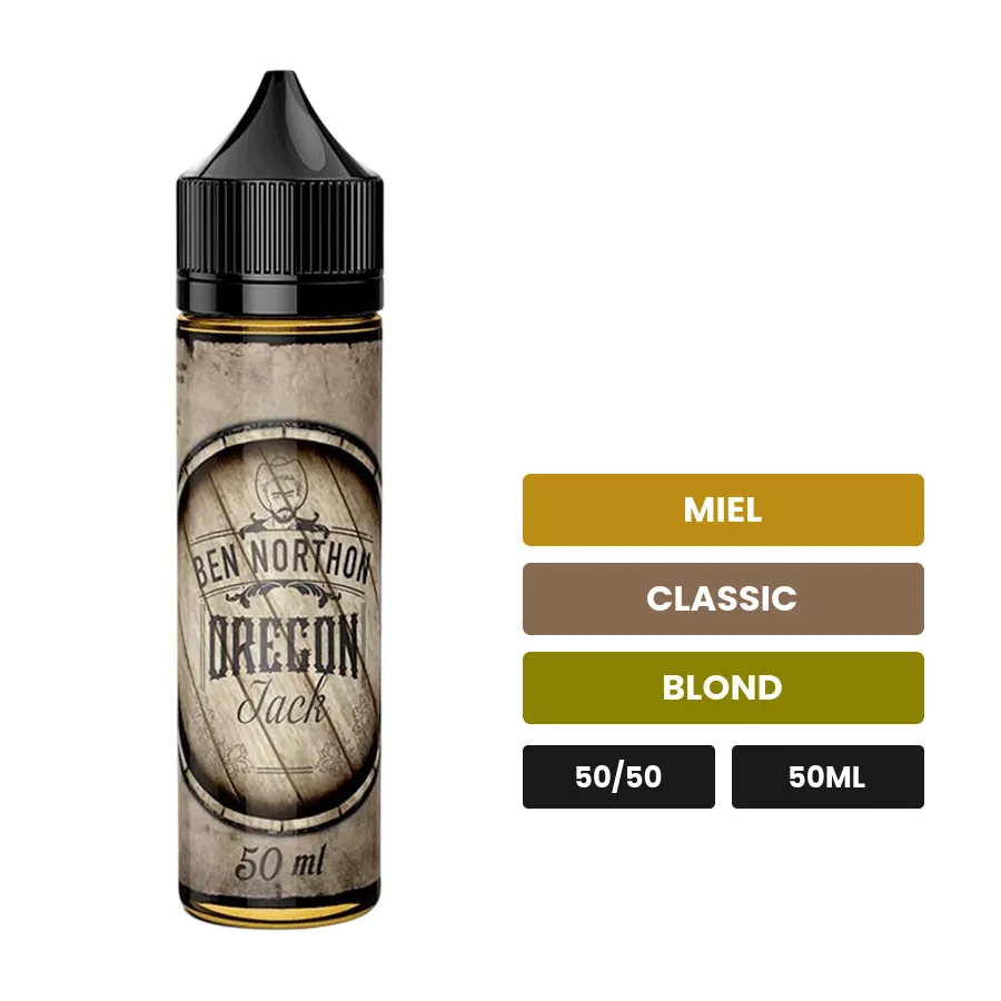 E-liquide Oregan Jack de Ben Northon, 50 ml, saveurs miel, classic et blond, sans nicotine — prêt à booster de nicotine.
