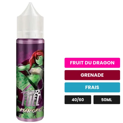 E-liquide Kuroko de Maison Fuel, 50 ml, saveurs fruit du dragon, grenade et frais, sans nicotine — prêt à booster de nicotine.