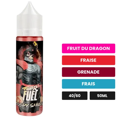 E-liquide Bloody Shigeri de Maison Fuel, 50 ml, saveurs fruit du dragon, fraise, grenade et 1 autre, sans nicotine — prêt à.