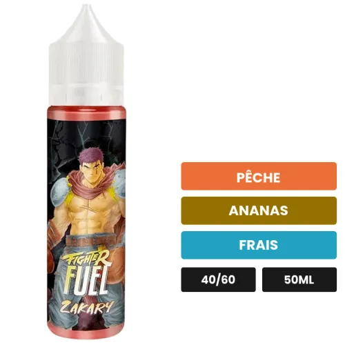 E-liquide Zakary de Maison Fuel, 50 ml, saveurs pêche, ananas et frais, sans nicotine — prêt à booster de nicotine.