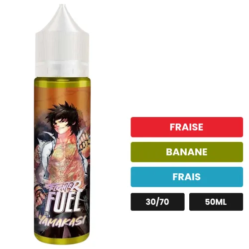 E-liquide Yamakasi de Maison Fuel, 50 ml, saveurs fraise, banane et frais, sans nicotine — prêt à booster de nicotine.