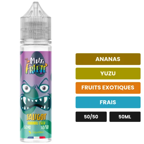 E-liquide Saligot Multi Freeze de Liquideo, 50 ml, saveurs ananas, yuzu, fruits exotiques et 1 autre.