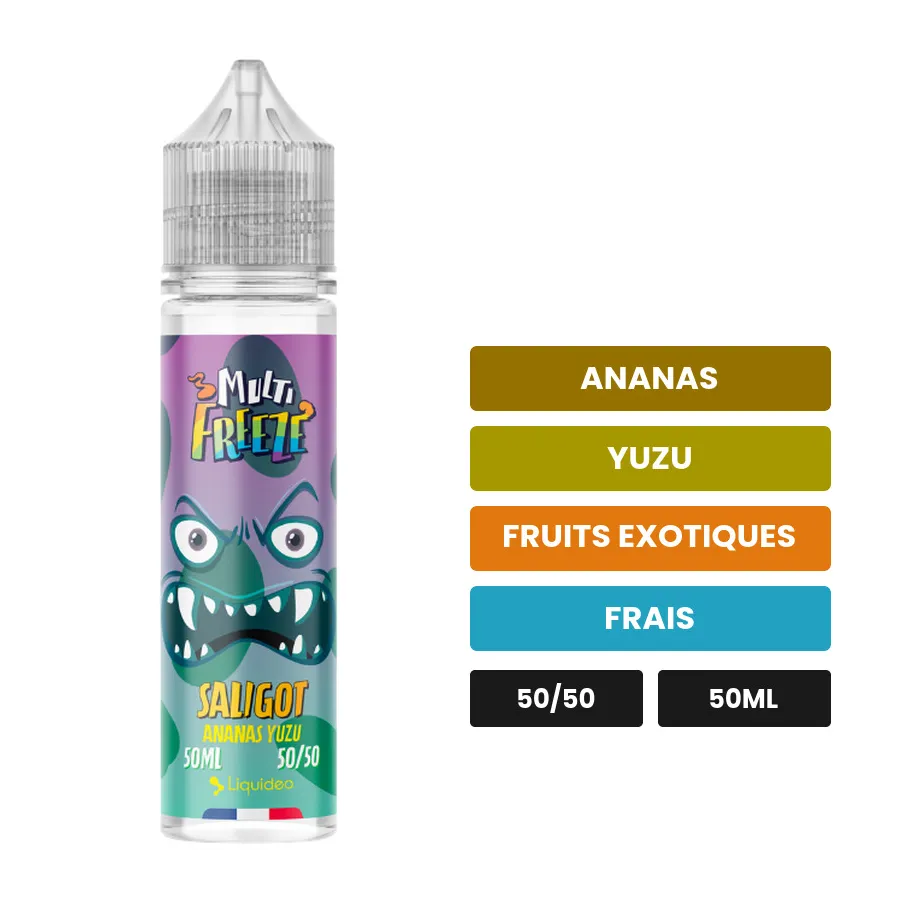 E-liquide Saligot Multi Freeze de Liquideo, 50 ml, saveurs ananas, yuzu, fruits exotiques et 1 autre.