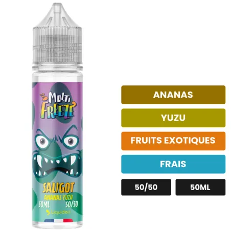 E-liquide Saligot Multi Freeze de Liquideo, 50 ml, saveurs ananas, yuzu, fruits exotiques et 1 autre.