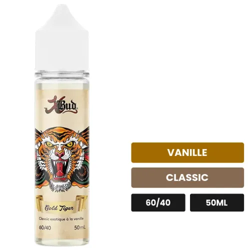 E-liquide Gold Tiger Evolution de Liquideo, 50 ml, saveurs vanille et classic.