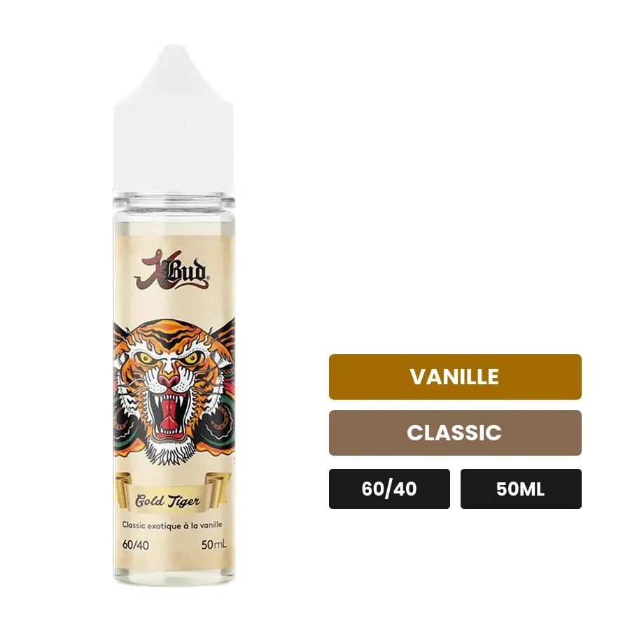 E-liquide Gold Tiger Evolution de Liquideo, 50 ml, saveurs vanille et classic.