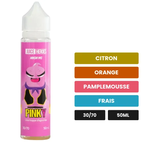 E-liquide Pinky Juice Heroes de Liquideo, 50 ml, saveurs citron, orange, pamplemousse et 1 autre.