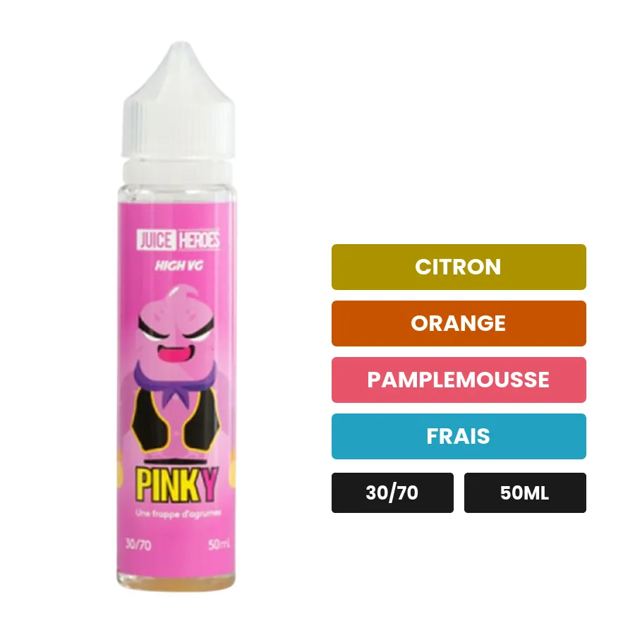 E-liquide Pinky Juice Heroes de Liquideo, 50 ml, saveurs citron, orange, pamplemousse et 1 autre.