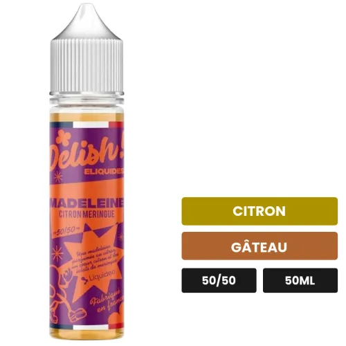 E-liquide Madeleine Citron meringuée Delish de Liquideo, 50 ml, saveurs citron et gâteau.