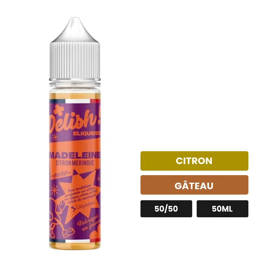 E-liquide Madeleine Citron meringuée Delish de Liquideo, 50 ml, saveurs citron et gâteau.