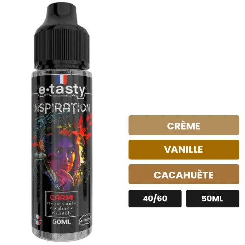 E-liquide Carmi d'E.Tasty, 50 ml, saveurs crème, vanille et cacahuète, sans nicotine — prêt à booster de nicotine.