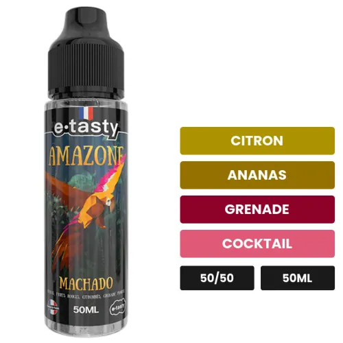E-liquide Machado d'E.Tasty, 50 ml, saveurs citron, ananas, grenade et 3 autres, sans nicotine — prêt à booster de nicotine.