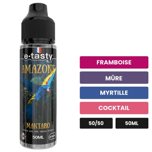 E-liquide Mantaro d'E.Tasty, 50 ml, saveurs framboise, mûre, myrtille et 4 autres, sans nicotine — prêt à booster de nicotine.