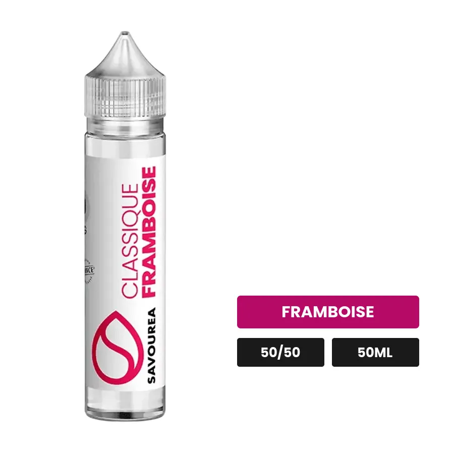 E-liquide Classique Framboise Xl de Savourea, 50 ml, saveur framboise, sans nicotine — prêt à booster de nicotine.