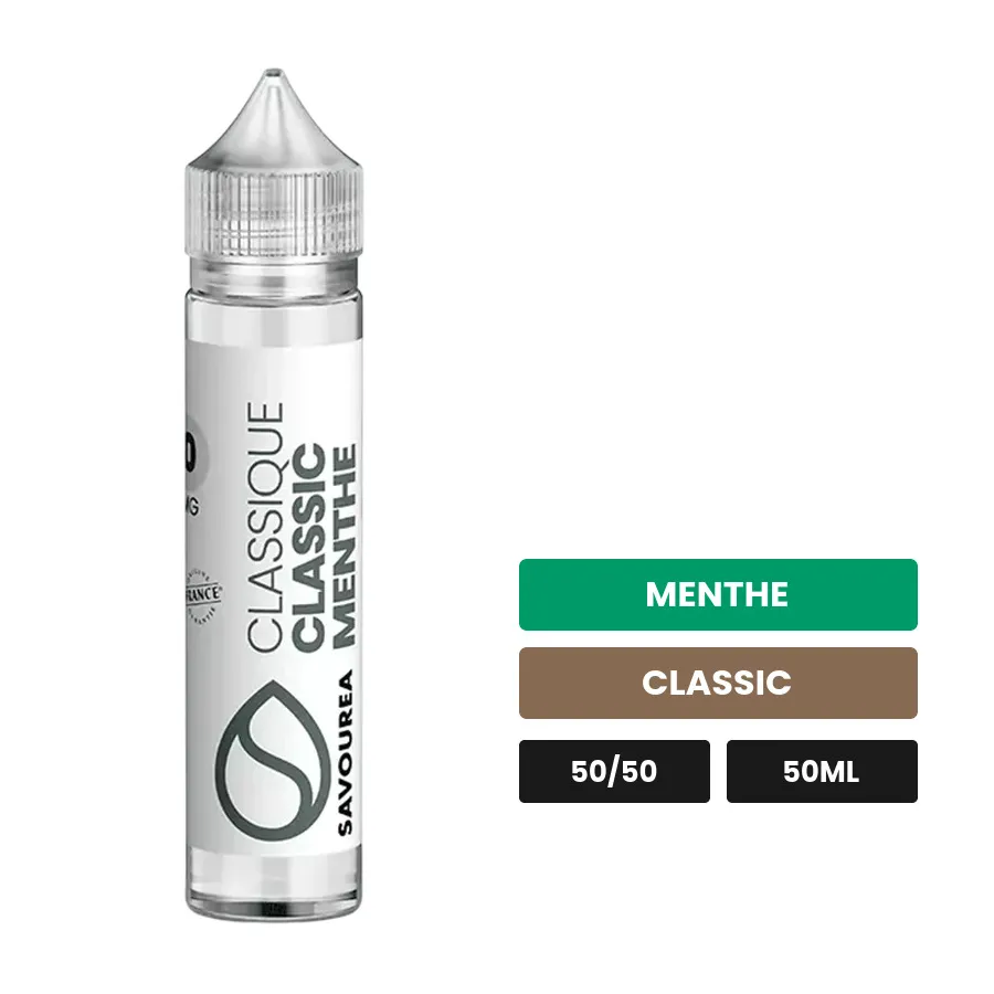 E-liquide Classic Menthe Classique de Savourea, 50 ml, saveurs menthe et classic, sans nicotine — prêt à booster de nicotine.