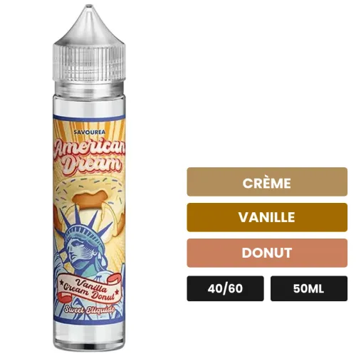 E-liquide Vanilla Cream Donut American Dream de Savourea, 50 ml, saveurs crème, vanille et donut, sans nicotine — prêt à.