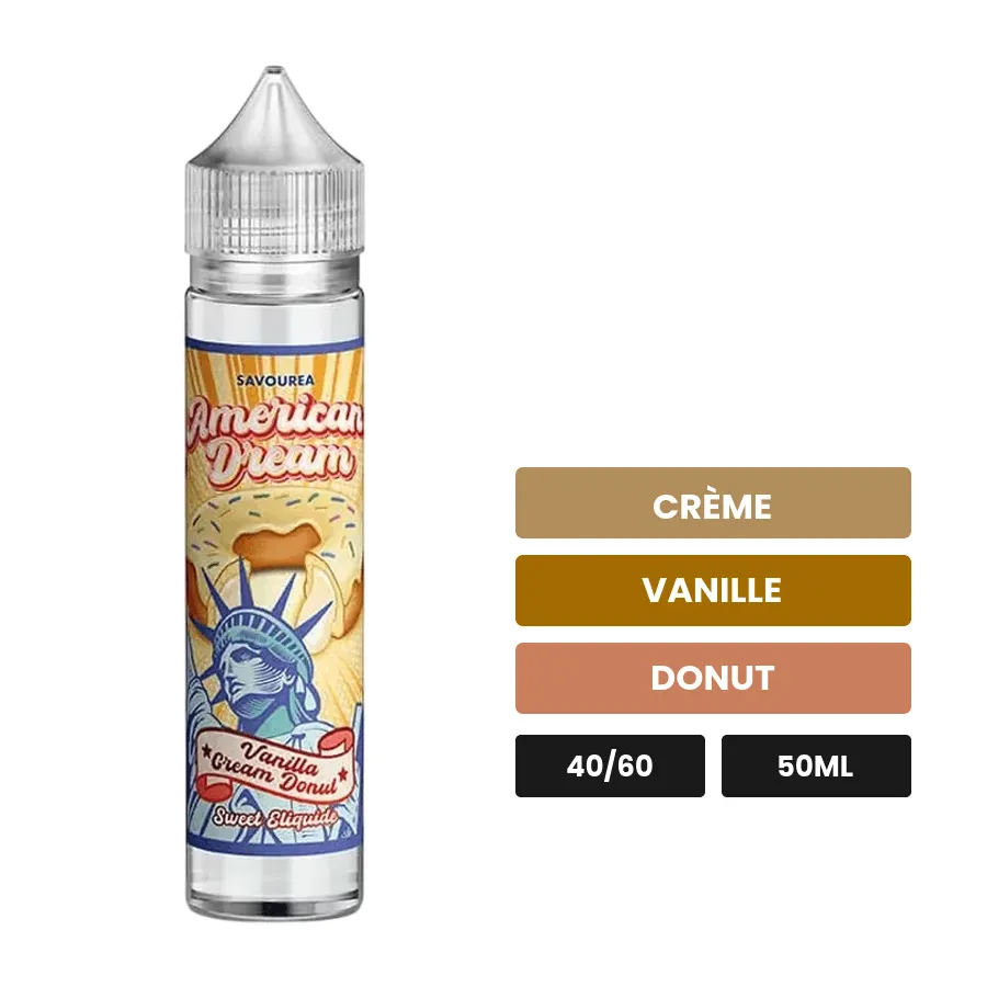 E-liquide Vanilla Cream Donut American Dream de Savourea, 50 ml, saveurs crème, vanille et donut, sans nicotine — prêt à.