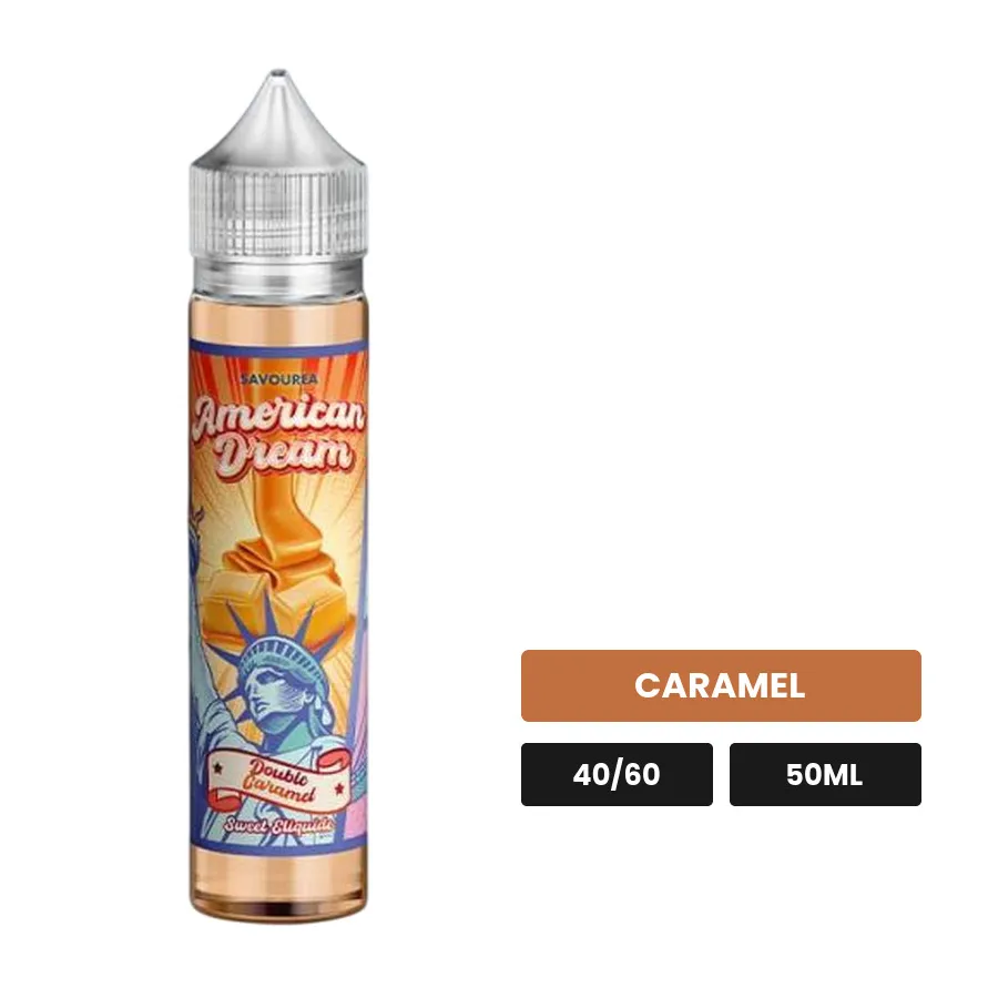 E-liquide Double Caramel American Dream de Savourea, 50 ml, saveur caramel, sans nicotine — prêt à booster de nicotine.