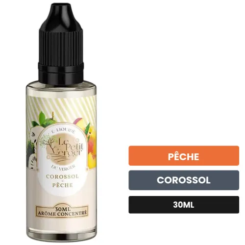 Arome concentre Corossol Pêche de Savourea, 30 ml, saveurs pêche et corossol, sans nicotine — arôme à diluer de nicotine.
