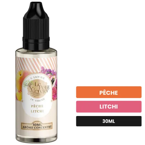 Arome concentre Pêche Litchi de Savourea, 30 ml, saveurs pêche et litchi, sans nicotine — arôme à diluer de nicotine.