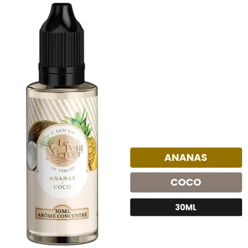 Arome concentre Ananas Coco de Savourea, 30 ml, saveurs ananas et coco, sans nicotine — arôme à diluer de nicotine.
