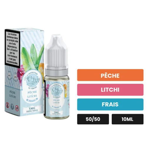 E-liquide Peche Litchi de Savourea, 10 ml, saveurs pêche, litchi et frais, 3 mg de nicotine.