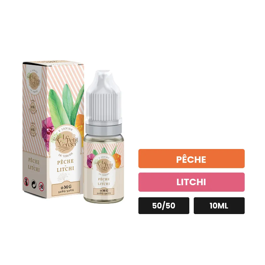 E-liquide Pêche Litchi Le Petit Verger de Savourea, 10 ml, saveurs pêche et litchi.