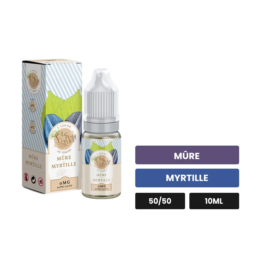 E-liquide Mure Myrtille Le Petit Verger de Savourea, 10 ml, saveurs mûre et myrtille, 3 mg de nicotine.