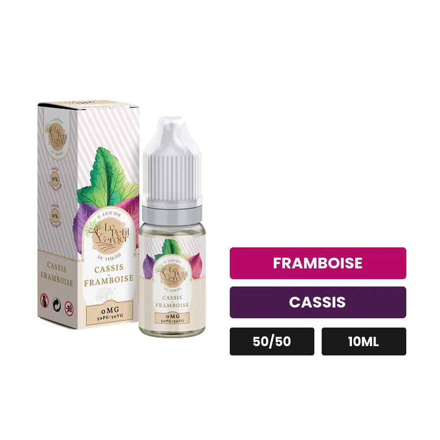 E-liquide Cassis Framboise Le Petit Verger de Savourea, 10 ml, saveurs framboise et cassis, 3 mg de nicotine.