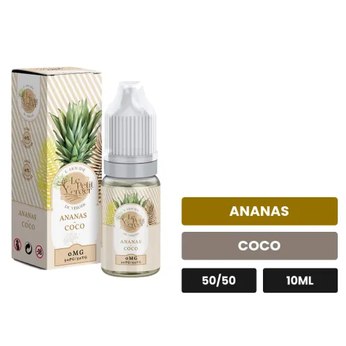 E-liquide Ananas Coco Le Petit Verger de Savourea, 10 ml, saveurs ananas et coco, 3 mg de nicotine.
