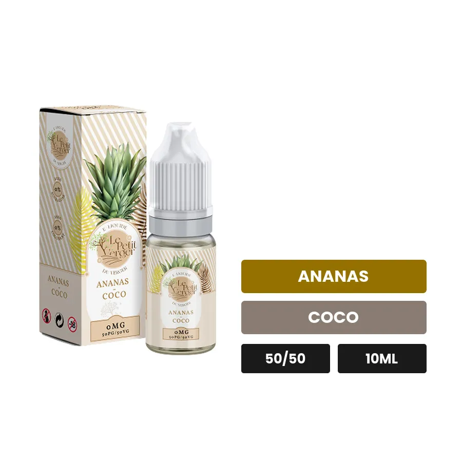 E-liquide Ananas Coco Le Petit Verger de Savourea, 10 ml, saveurs ananas et coco, 3 mg de nicotine.