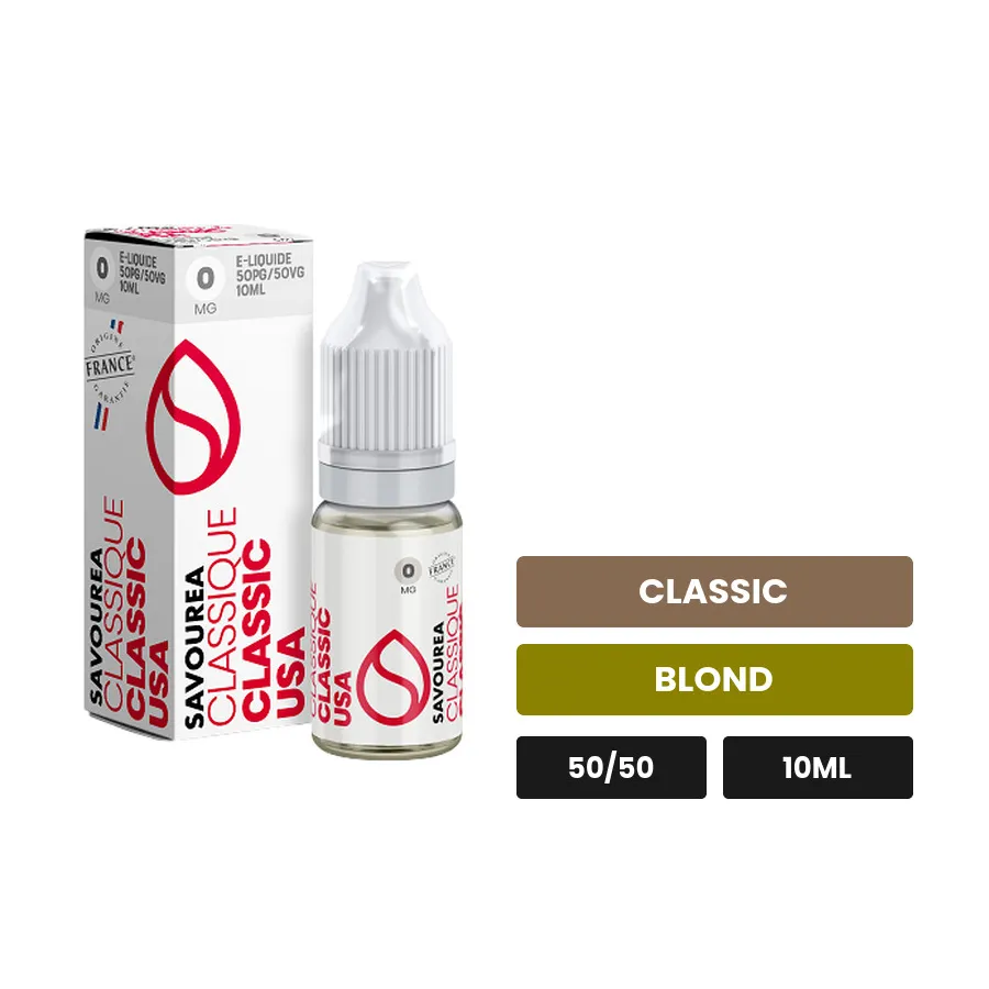 E-liquide Classic Usa de Savourea, 10 ml, saveurs classic et blond.