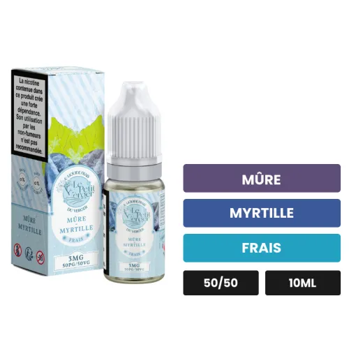 E-liquide Mure Myrtille de Savourea, 10 ml, saveurs mûre, myrtille et frais, 3 mg de nicotine.