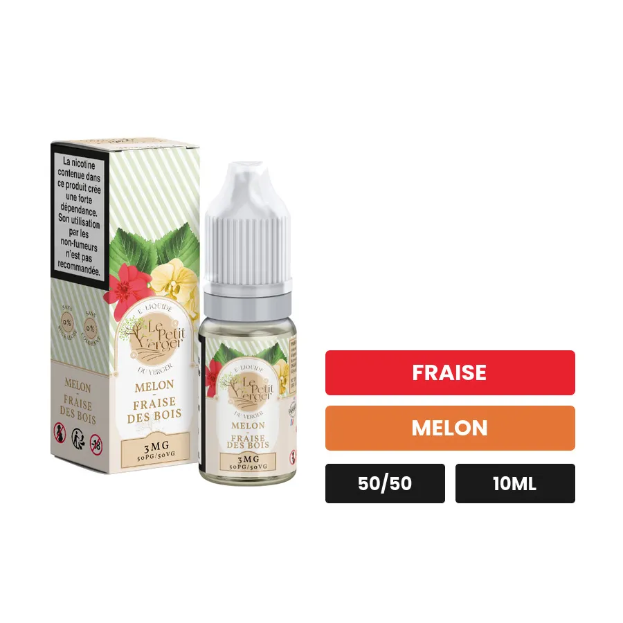 E-liquide Melon Fraise Des Bois Le Petit Verger de Savourea, 10 ml, saveurs fraise et melon, 3 mg de nicotine.