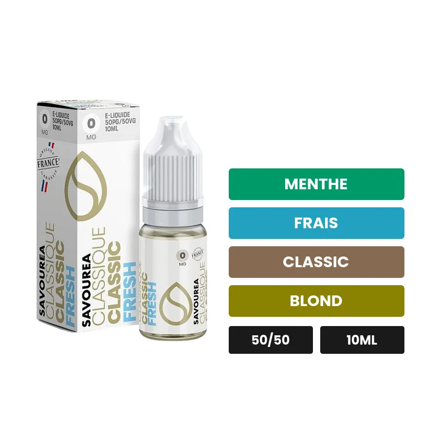 E-liquide Classic Fresh de Savourea, 10 ml, saveurs menthe, frais, classic et 1 autre.